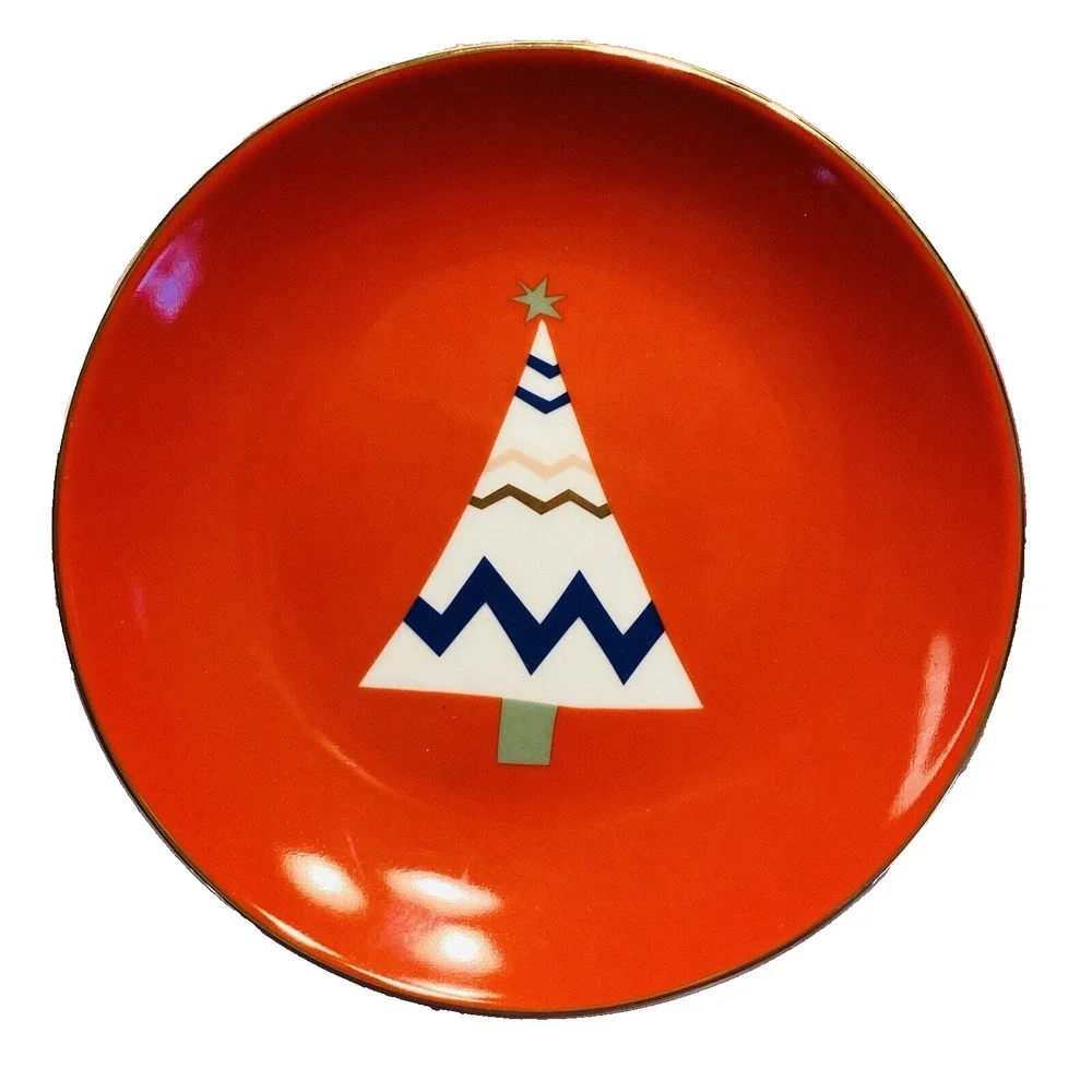 Rare PIER 1 Christmas Tree Plate Set (4) Colorful Holiday Appetizer Canape 6”